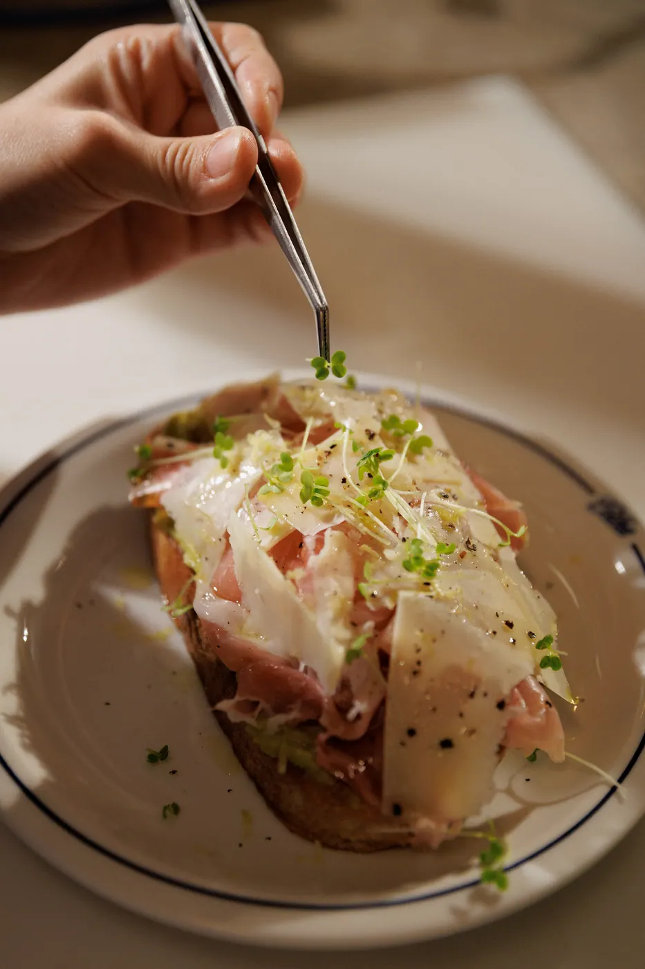 Tartine de avocado, presunto parma e lascas de parmesão com brotos